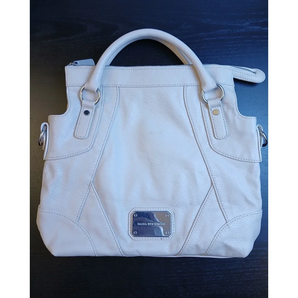 Dana Buchman Cream Pebbled Vegan Leather Satchel Tote Handbag Silver Hardware